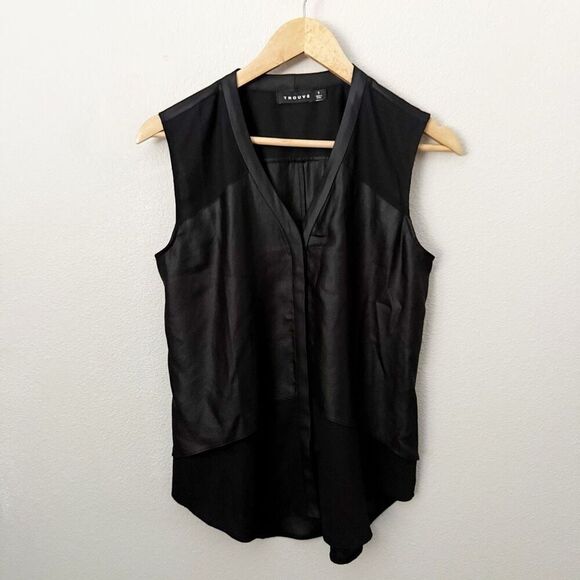 TROUVE | Black Leather-Look Tank Sleeveless Blouse Sheer Bottom | Size Small - Picture 1 of 6